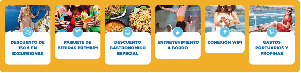 Nuestra tarifa Plus+ Experience le permite disfrutar aún más de su viaje. Podrá complementar la experiencia a bordo de su crucero con una fantástica selección de bebidas prémium, descuentos especiales en gastronomía, wifi y más descuentos para las excursiones en tierra. Le damos la libertad de diseñar su experiencia de crucero perfecta, priorizando lo más importante para que su viaje sea memorable de verdad. SELECCIONE La Tarifa de Crucero CELESTYAL PLUS+ EXPERIENCE - La guinda del pastel - Pásese a la tarifa de crucero Plus+ Experience y disfrute aún más de su experiencia Celestyal. Para algunos viajeros, nuestra experiencia gastronómica es la auténtica guinda del pastel (y seguro que nuestros chefs están de acuerdo). La selección personal de vinos de nuestro sumiller es la mejor manera de redondear una experiencia culinaria perfecta. Nuestra tarifa Mejorada le permite exprimir al máximo cada momento de su crucero. Incluye un descuento adicional en nuestro menú especial de seis platos, diseñado por la leyenda local y galardonada chef Diane Kochilas, así como otro descuento adicional con el que podrá disfrutar aún más de nuestra amplia variedad de excursiones en tierra. Con la opción de Gestionar su reserva, con su agencia de viajes, ahora es más fácil que nunca diseñar al detalle su experiencia Celestyal para disfrutar de Grecia y el Mediterráneo sin límites. TARIFA PLUS CELESTYAL CRUISES